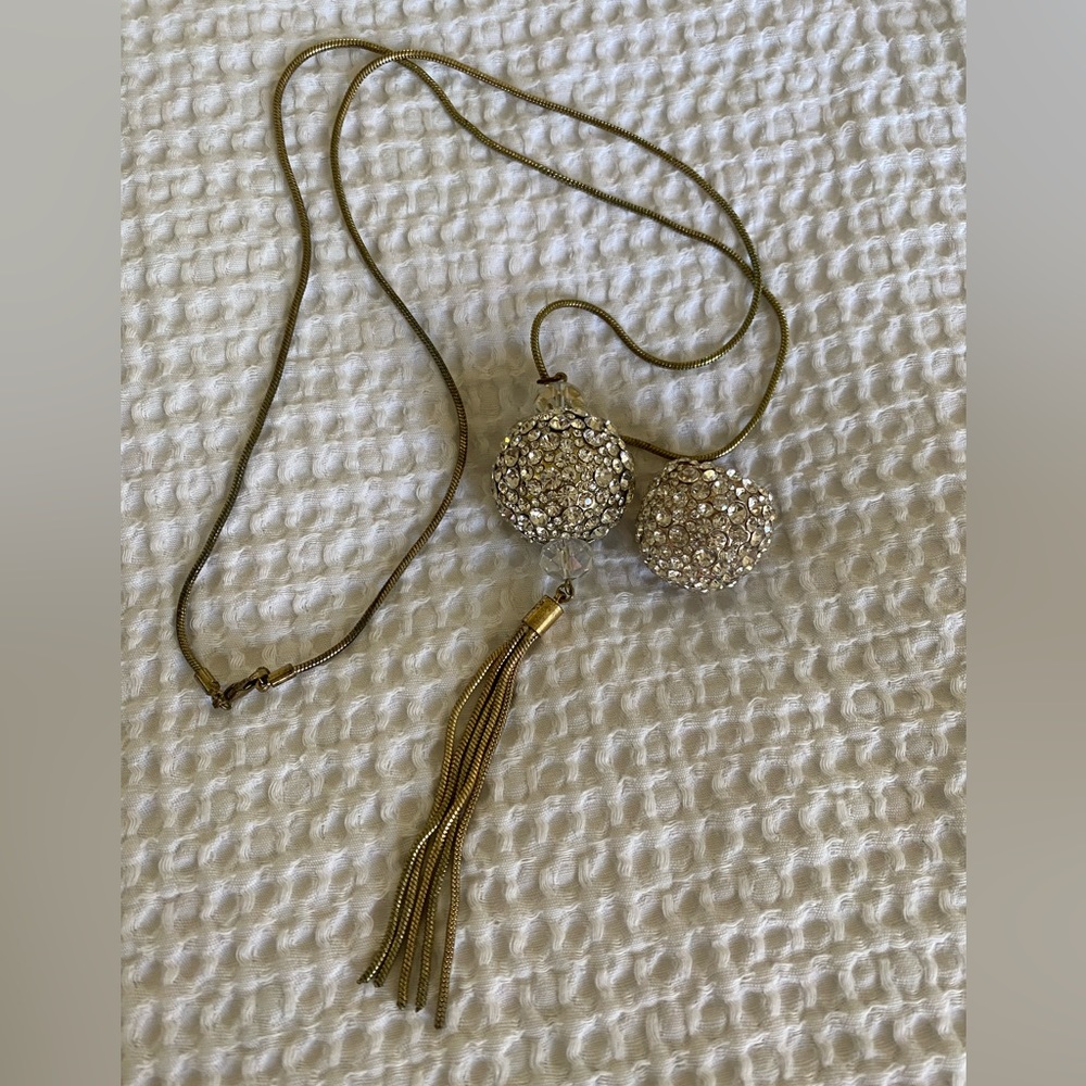 Vintage 80s crystal ball tassel necklace and matching ring